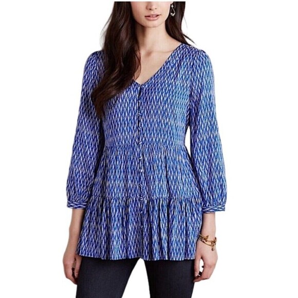 Maeve Anthropologie Lila Tunic Top Women’s XS Blue Tiered Pockets 3/4 Sleeve - Picture 1 of 9